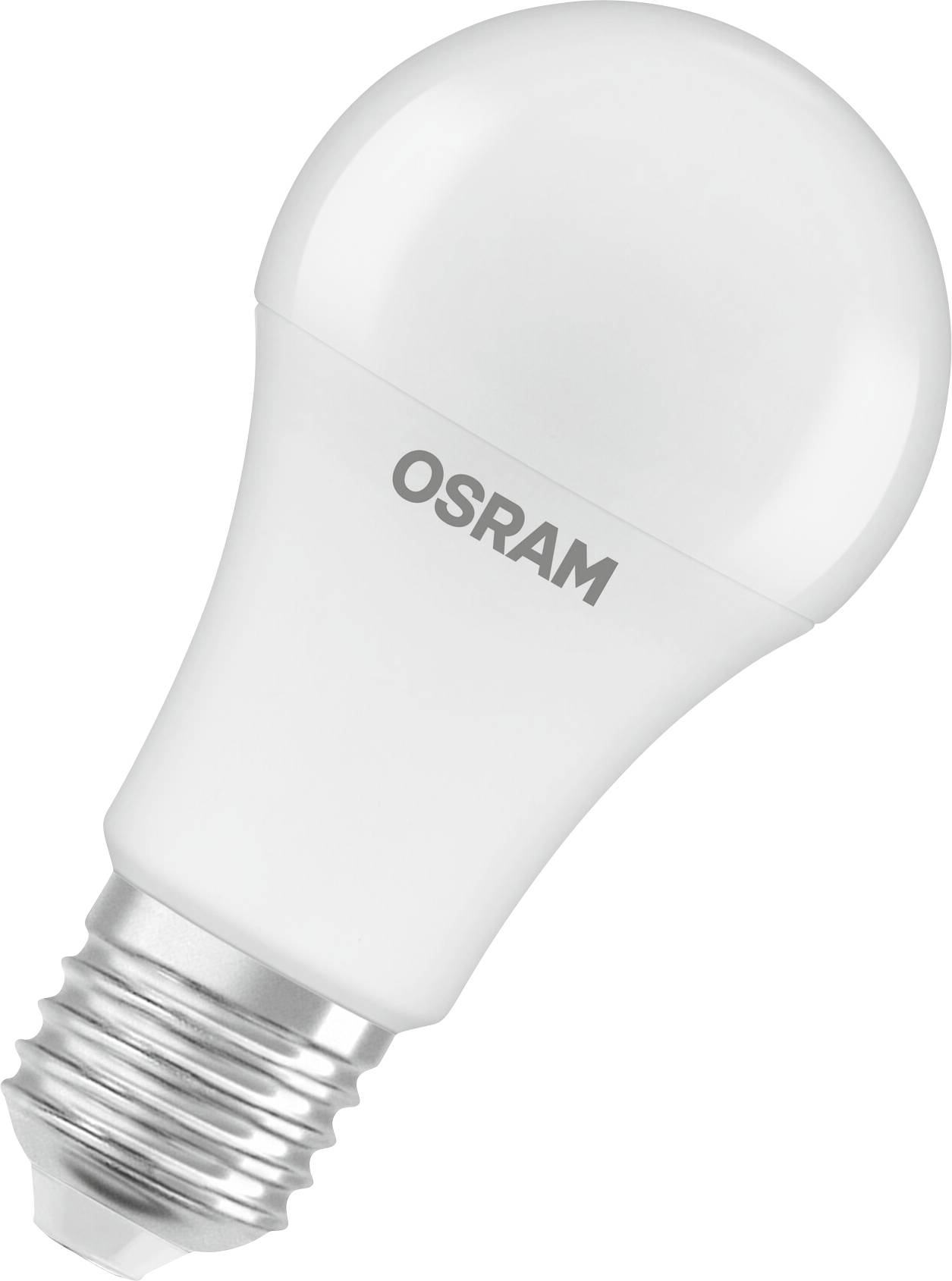 Steckbare LED-Birne von OSRAM mit E27-Gewinde, ersichtlich von der Seite mit glatter Oberfläche und silbernem Sockel.