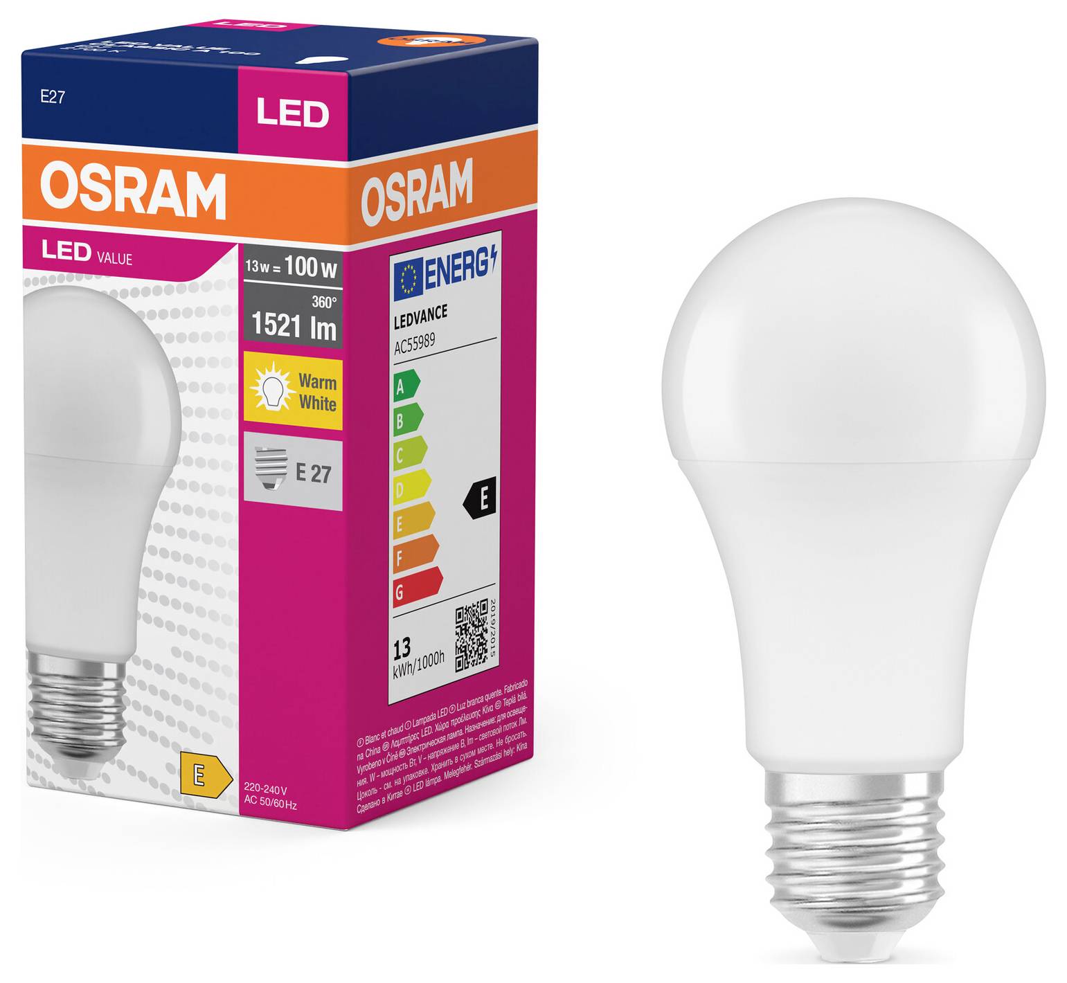 LED-Glühbirne von Osram neben ihrer Verpackung. Verpackung zeigt '13 W = 100 W', '1521 lm', Energieeffizienzklasse E.
