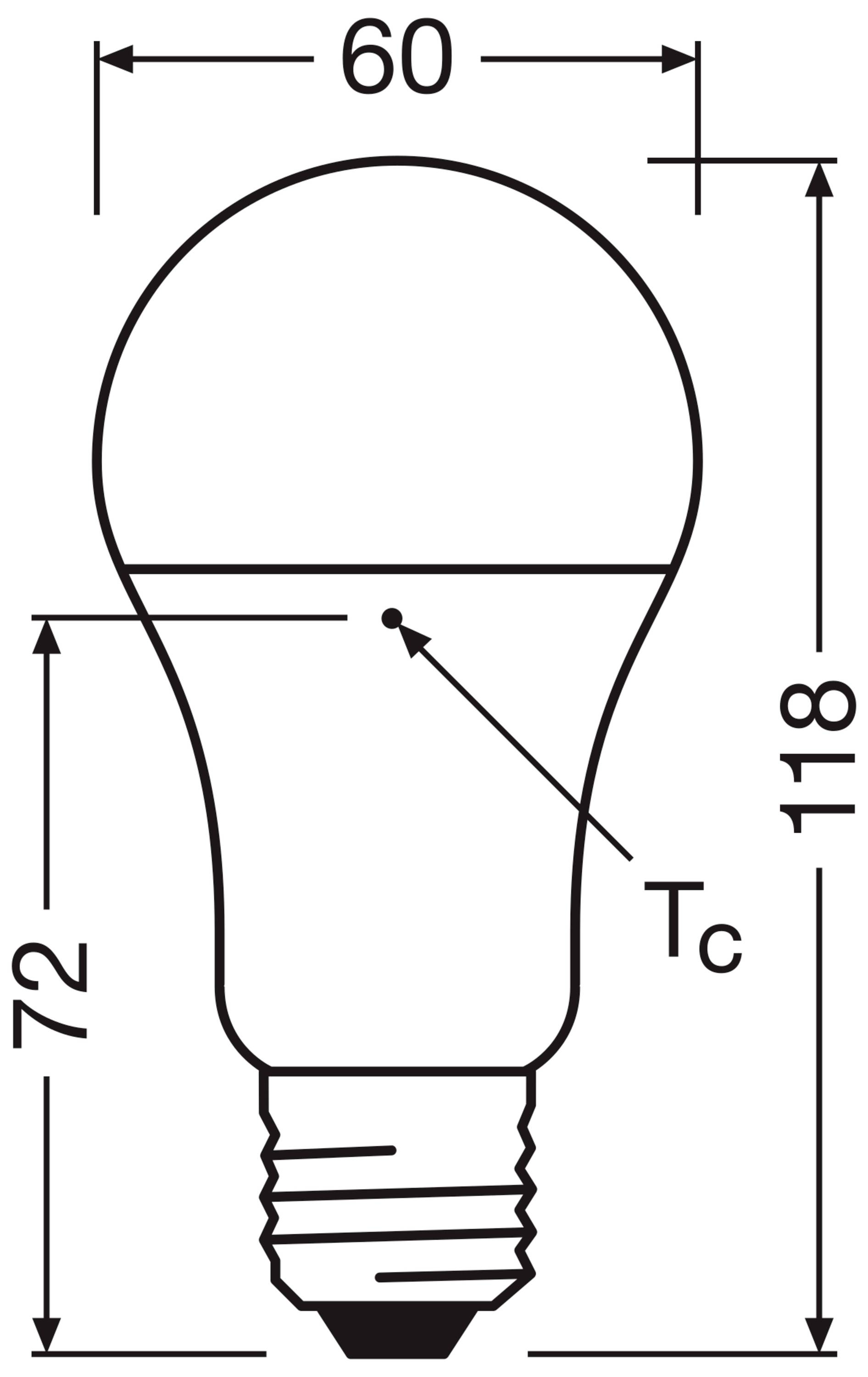 Glühbirne-Schema: zeigt eine typische Glühbirne mit den Maßen 60 mm Breite und 118 mm Höhe. Tc-Punkt hervorgehoben.