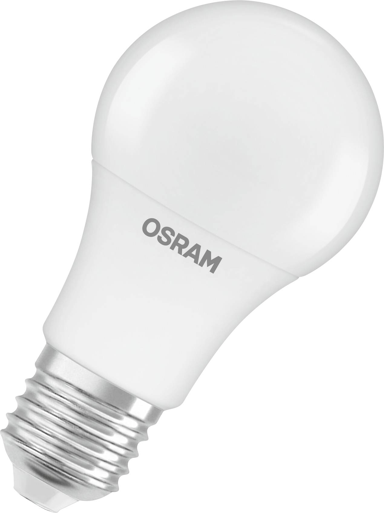 Eine weiße OSRAM-Glühbirne mit E27-Gewinde, geeignet für allgemeine Beleuchtung. Ideal für energieeffiziente Lichtlösungen.