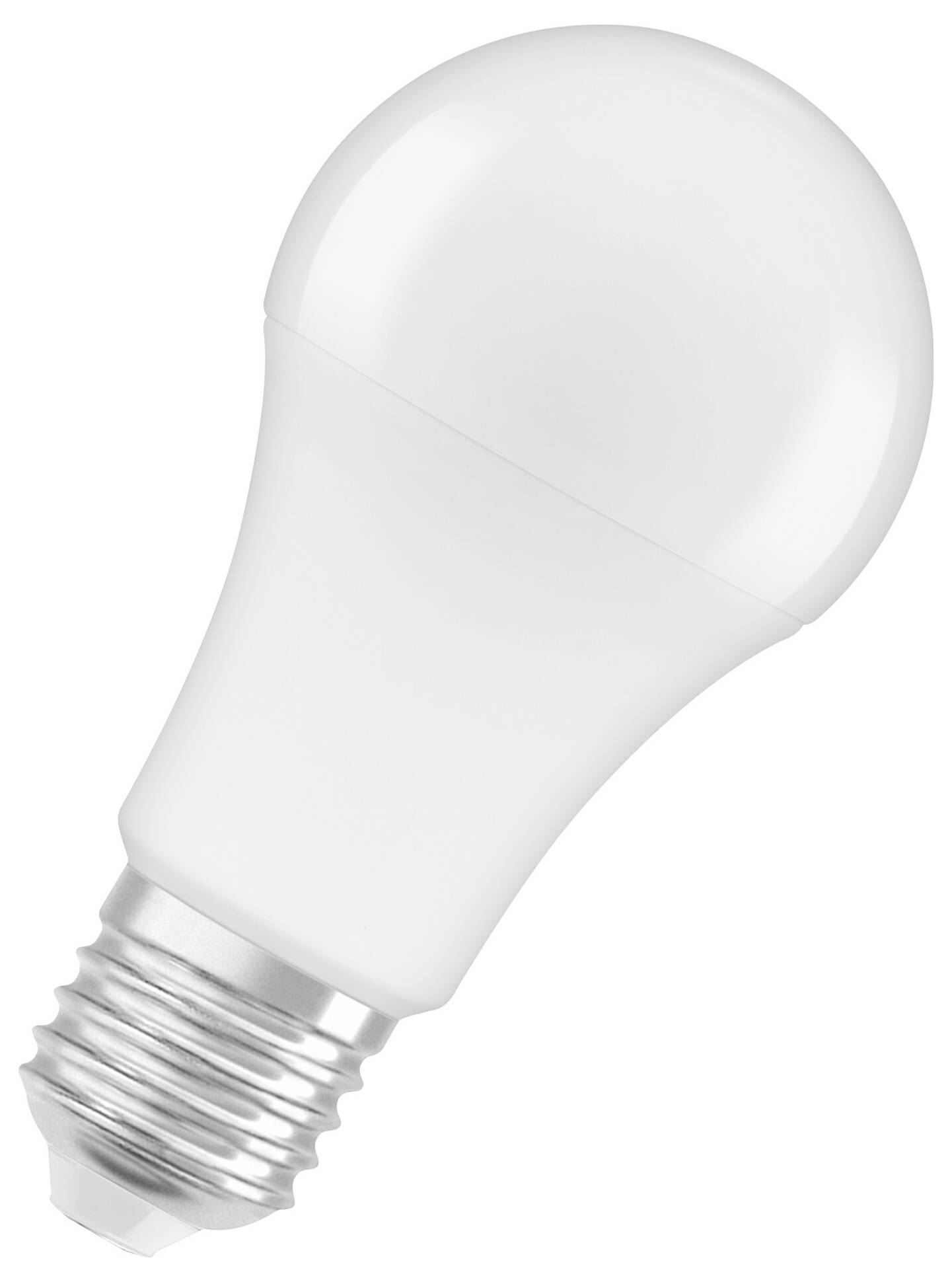 Eine weiße LED-Glühbirne mit einem E27-Sockel, dargestellt auf weißem Hintergrund.
