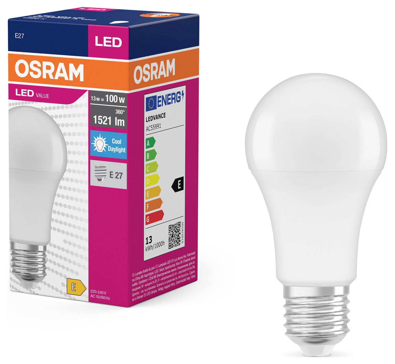 Eine OSRAM LED-Glühbirne neben ihrer Verpackung, die 13W, 1521 lm, E27-Sockel und Energieklasse E angibt.