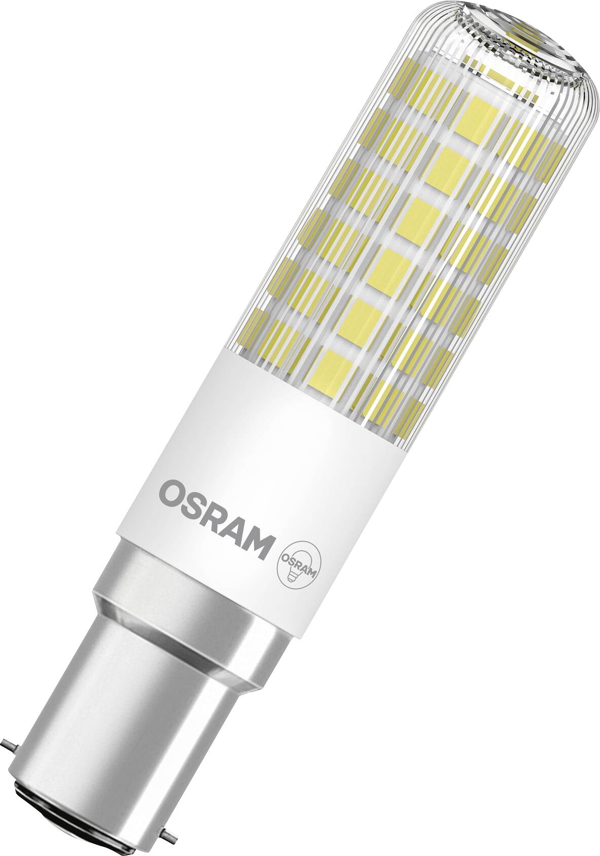 Eine LED-Lampe der Marke Osram mit zylindrischer Form und metallischem Sockel, geeignet für energiesparende Beleuchtung.