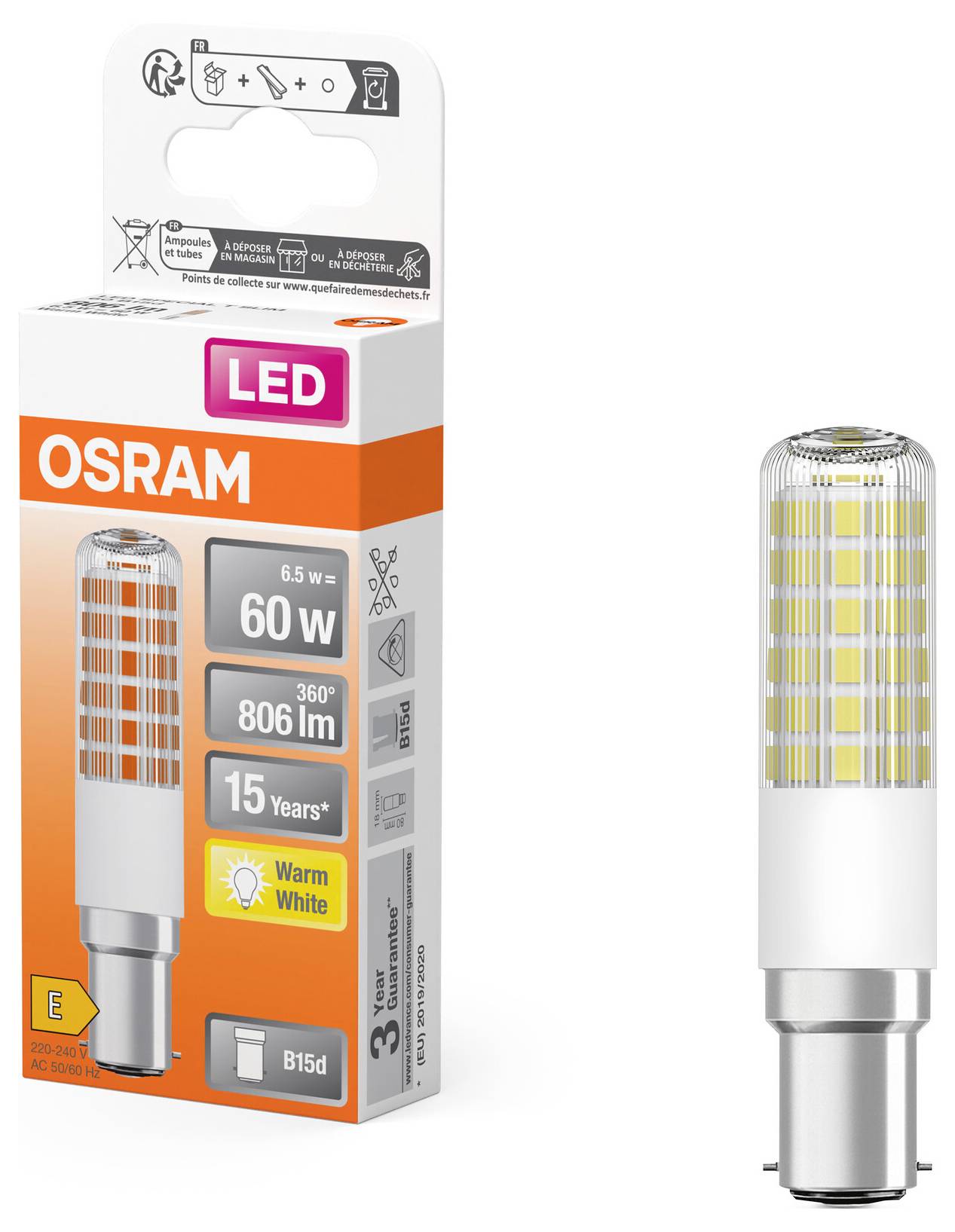 OSRAM HOMELIGHTING 4099854266706 LED EEK E (A - G) B15d Batterieform 6.5W = 60W Warmweiß (Ø x H) 18mm x 80mm 1St.