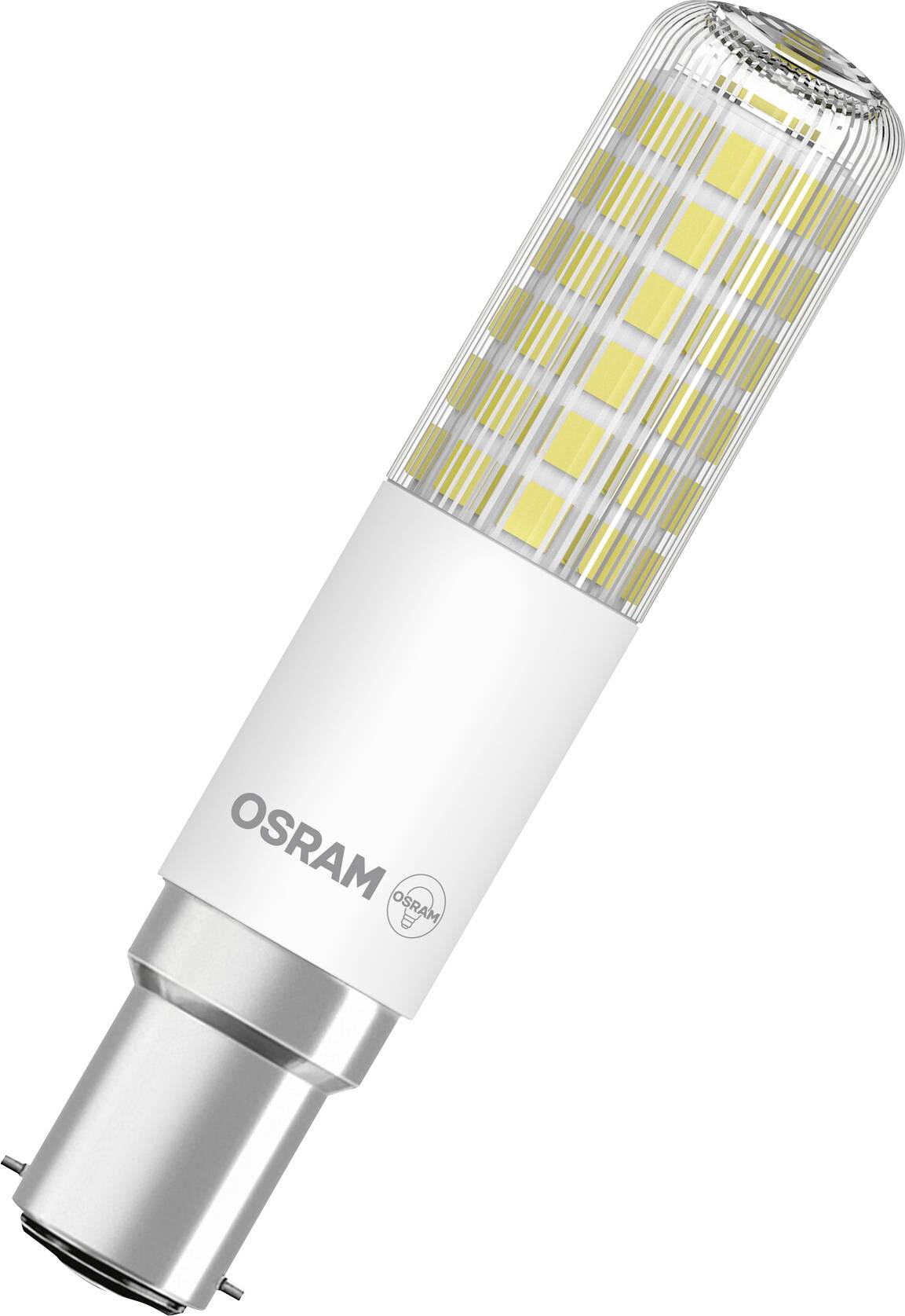 LED-Leuchte mit OSRAM-Aufdruck, zylindrische Form, sichtbare gelbe Lichtstreifen.
