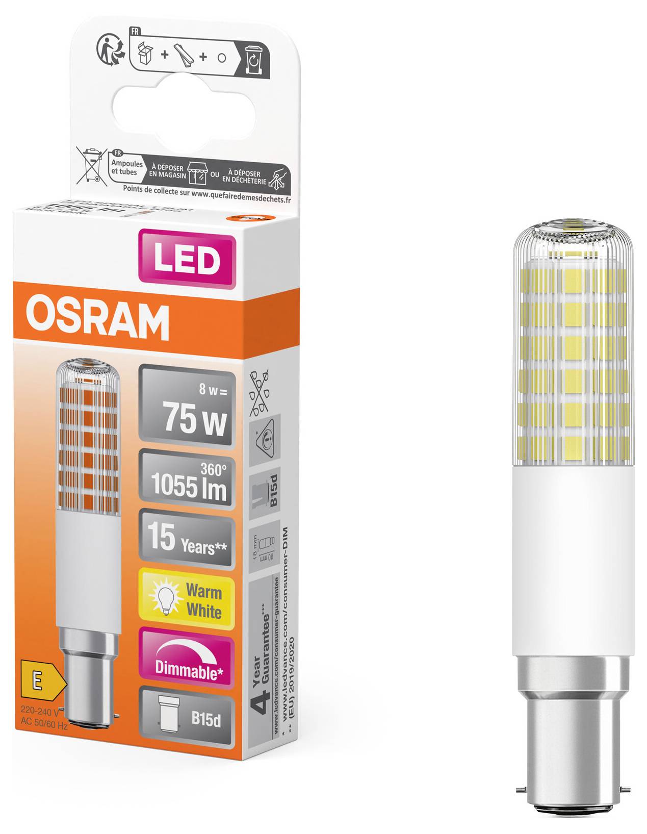 OSRAM HOMELIGHTING 4099854266799 LED EEK E (A - G) B15d Batterieform 8W = 75W Warmweiß (Ø x H) 18mm x 90mm 1St.