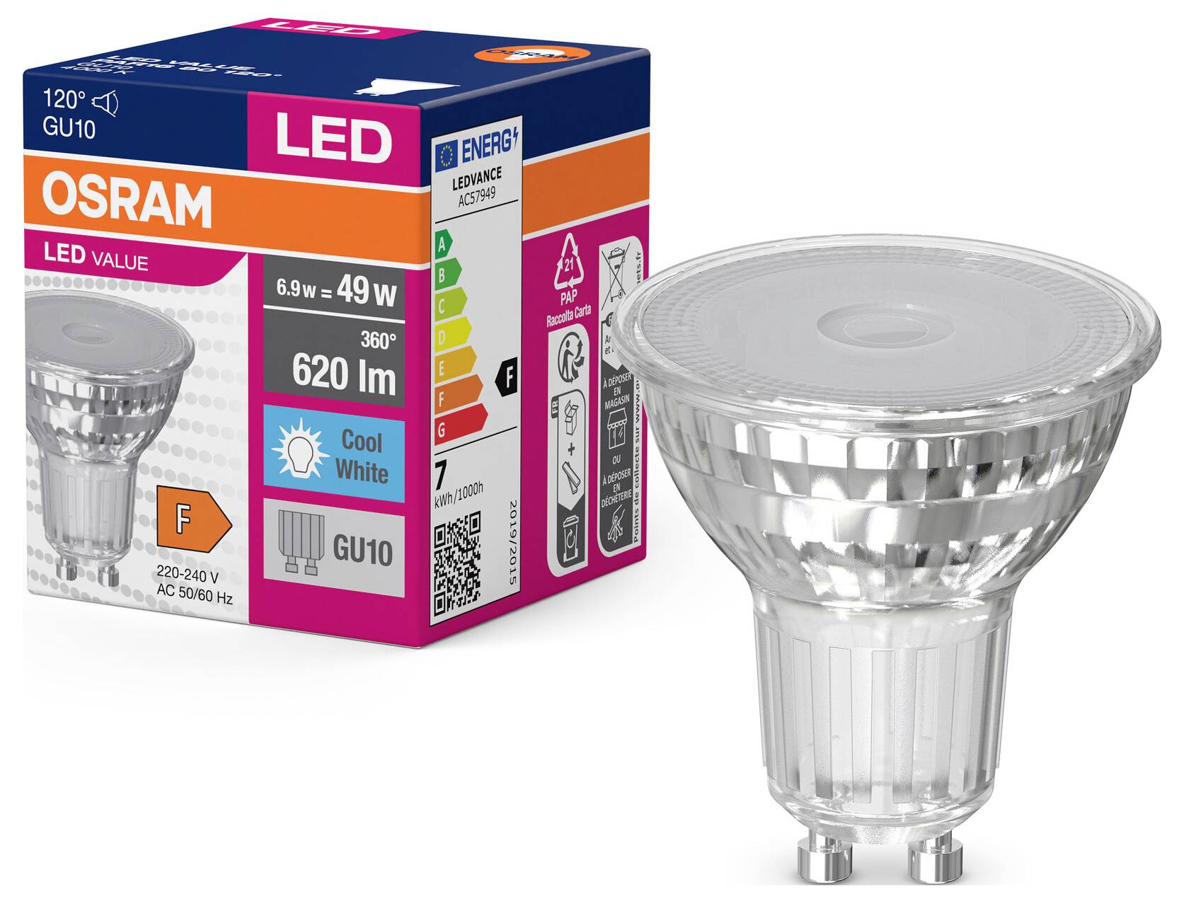 Eine LED-Glühbirne der Marke OSRAM in einer Verpackung. Sie bietet 620 Lumen, 6,9W Leistung, entspricht 49W, und hat Energieklasse F.
