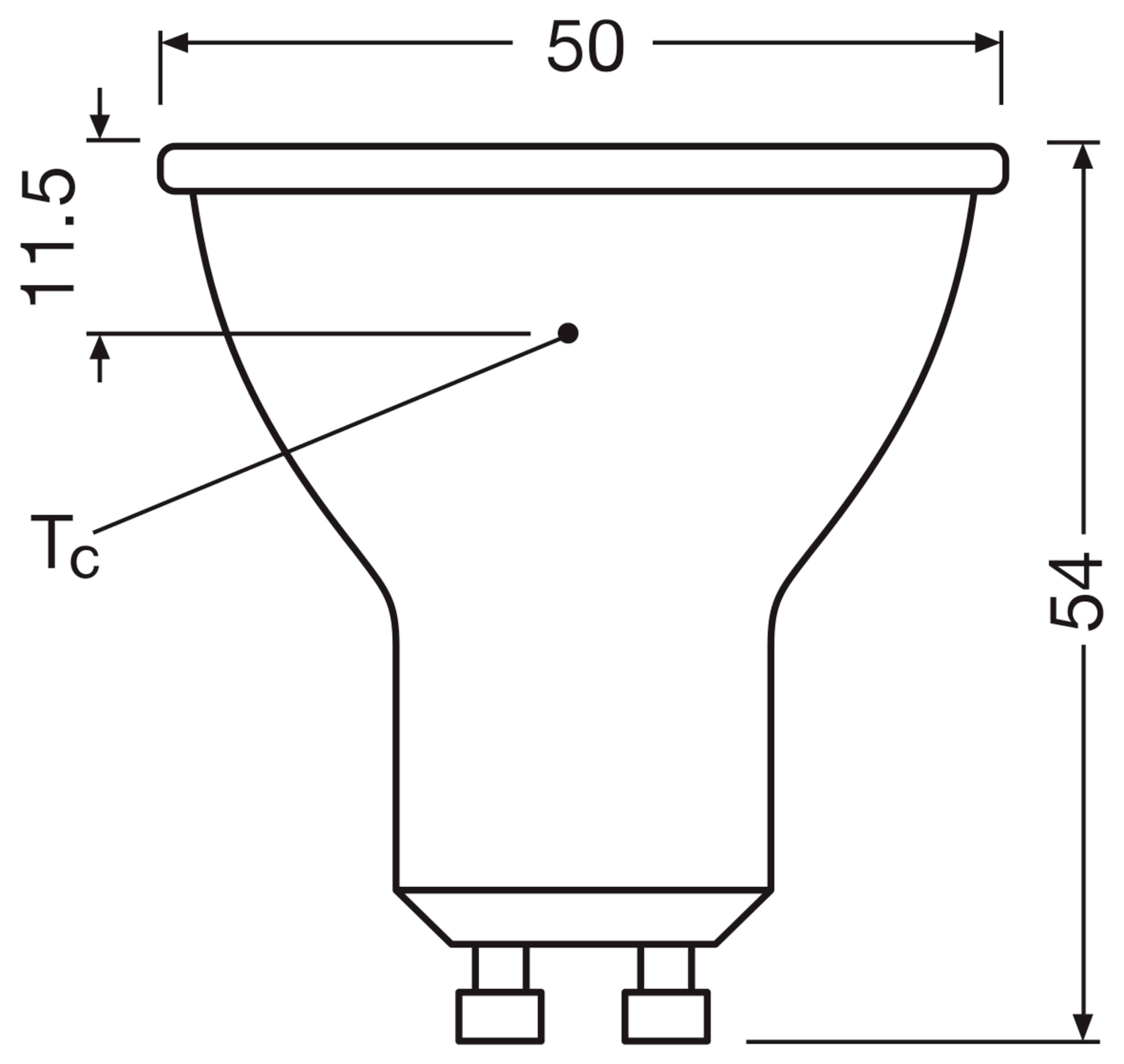 Ein Diagramm einer GU10-Glühbirne mit den Maßen: Durchmesser 50 mm, Höhe 54 mm. Eine Markierung zeigt 'Tc' bei 11,5 mm.
