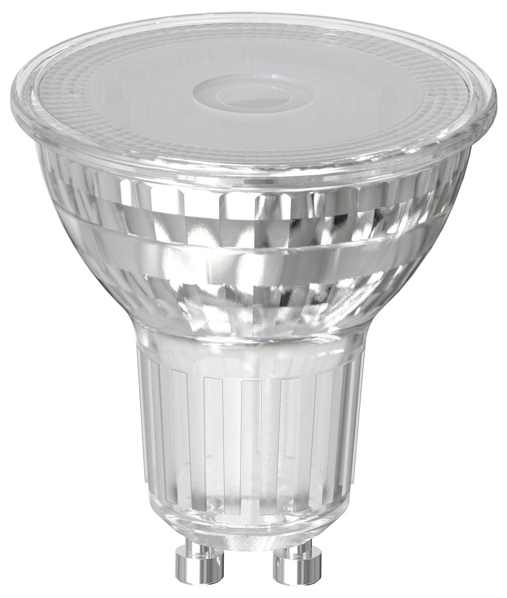Ein LED-Strahler mit GU10-Sockel, transparentem Glas und silberner Fassung. Geeignet für Akzentbeleuchtung und Energiesparen.