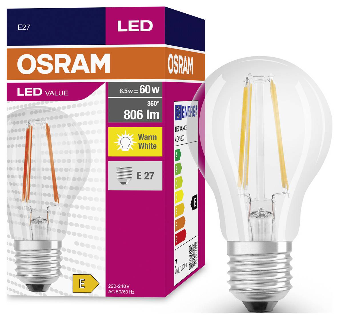 Glühbirne und Verpackung der Marke OSRAM, LED, E27, 6,5W=60W, 806 lm, warmweiß, Energieklasse E, dimmbar, 220-240V.