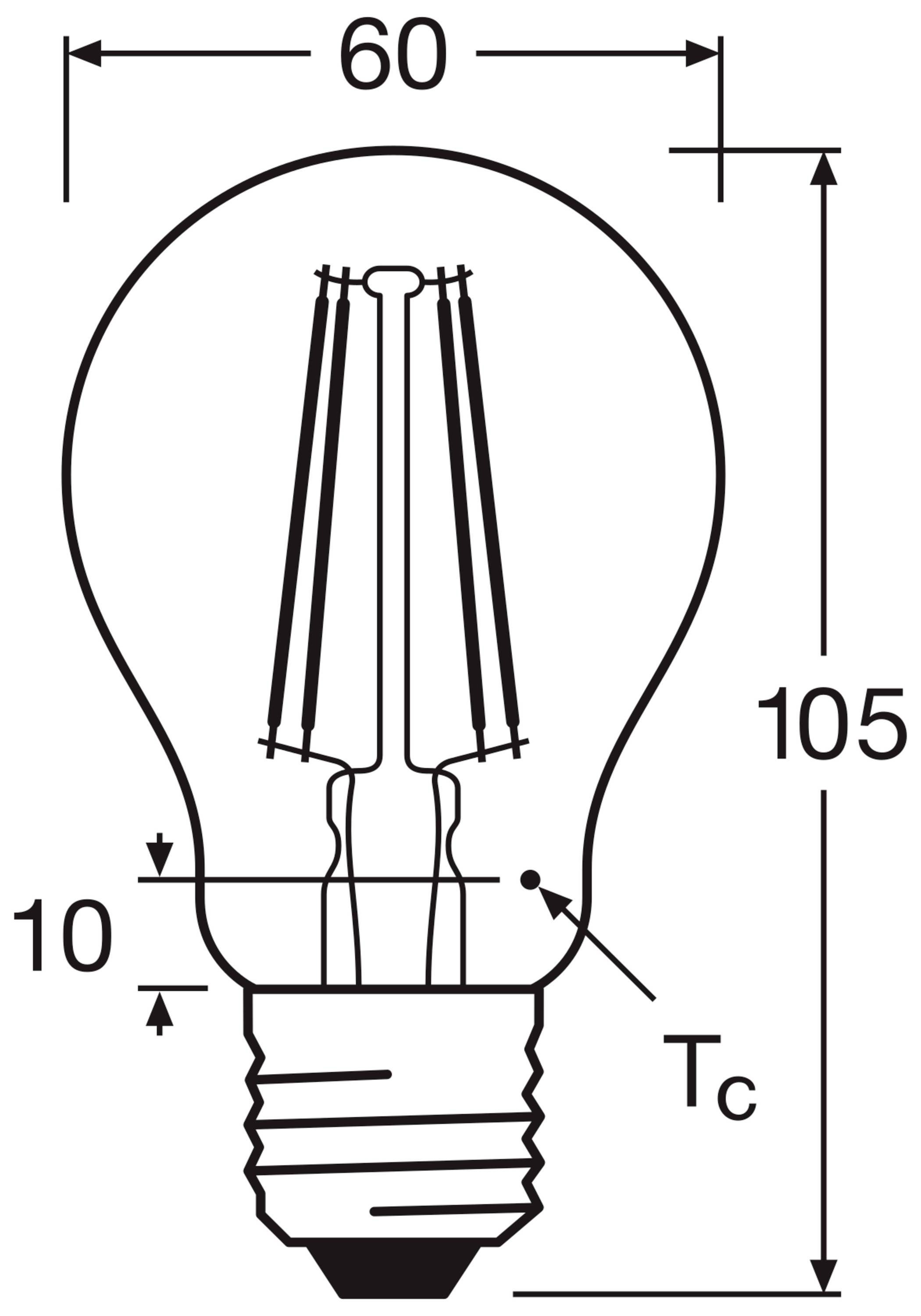 Diagramm einer Glühlampe mit Abmessungen: Höhe 105 mm, Breite 60 mm, Abstand zur Fassung 10 mm, markiert mit 'Tc'.
