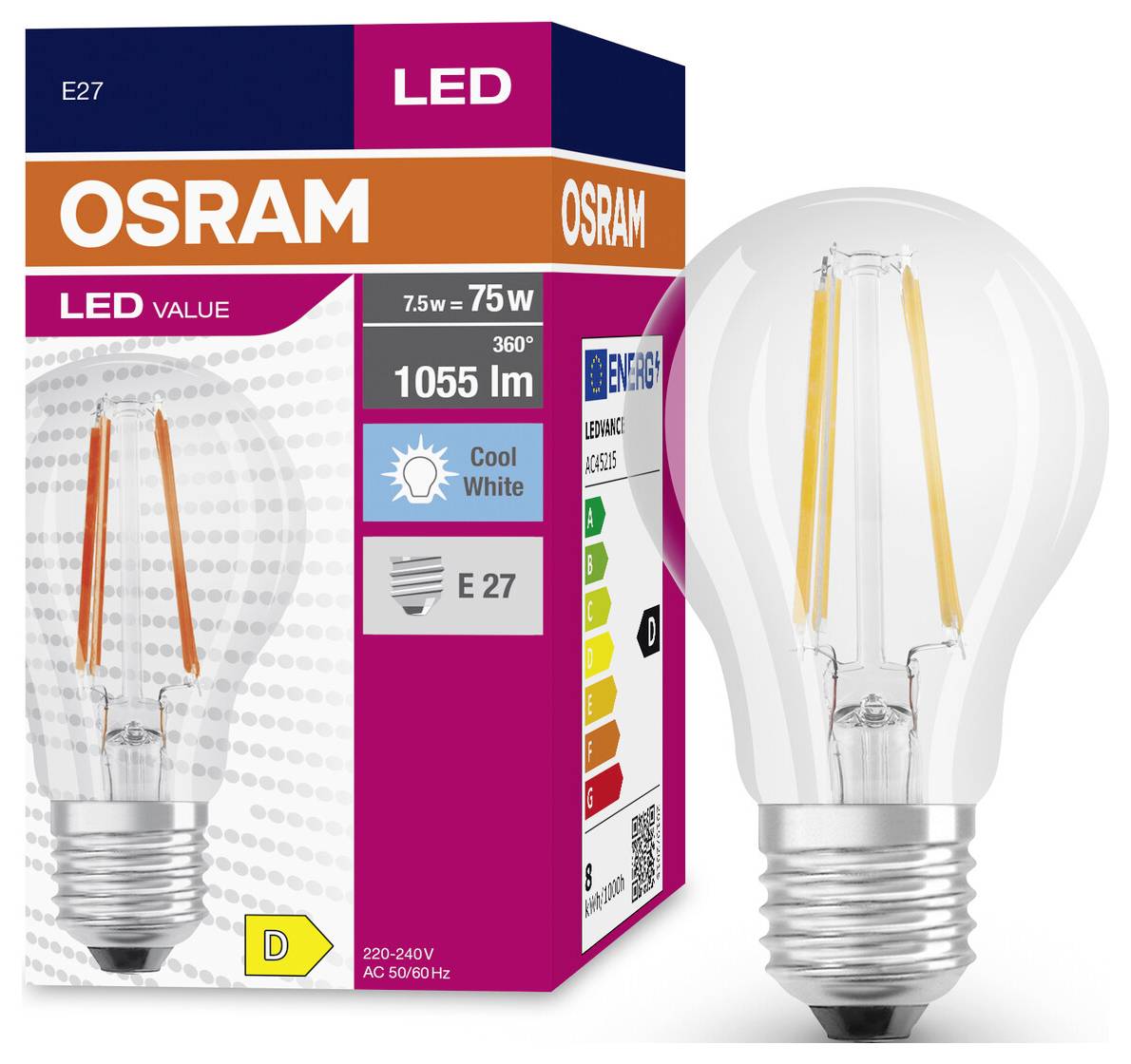 LED-Lampe OSRAM E27, 7.5W, ersetzt 75W, 1055 Lumen, 360° Abstrahlwinkel, Energieeffizienz D, kühles Weiß; Verpackung und Glühbirne abgebildet.