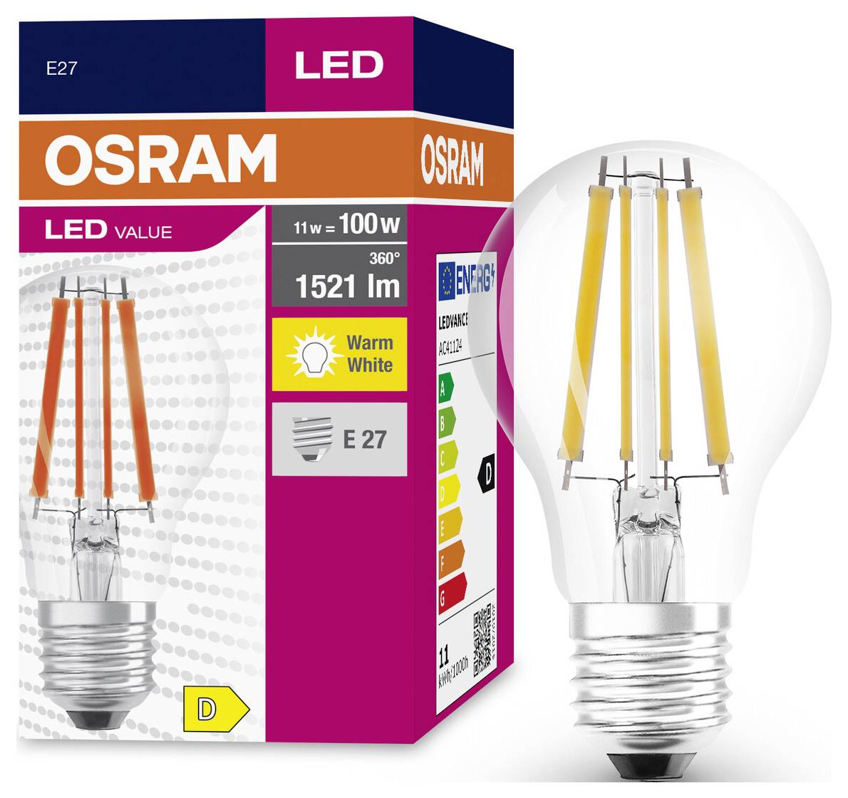 OSRAM HOMELIGHTING AC41124 LED EEK D (A - G) E27 Glühlampenform 11W = 100W Warmweiß (Ø x H) 60mm x 105mm 1St.