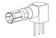 Zeichnung eines elektronischen Steckers mit drei Pins und zylindrischem Gehäuse, seitliche Ansicht.
