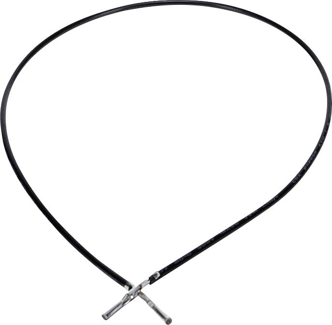 Eine schwarze Kabelbinder mit Metallverbindern, zu einem Kreis geschlungen, typischerweise zum Bündeln oder Befestigen von Gegenständen verwendet.