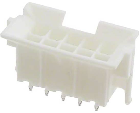 Ein weißer Kunststoffverbinder mit sechs Anschlüssen, der für elektronische oder elektrische Verbindungen konzipiert ist.