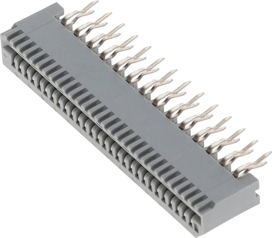 Eine Nahaufnahme eines grauen elektrischen Verbindungssteckers mit mehreren Pins, die in zwei parallelen Reihen angeordnet sind und für elektronische Schaltungsverbindungen verwendet werden.