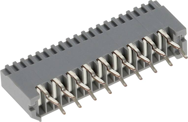 Ein grauer elektronischer Steckverbinder mit mehreren Metallstiften in zwei Reihen, der zur Verbindung von Schaltungskomponenten in Hardware-Anwendungen verwendet wird.