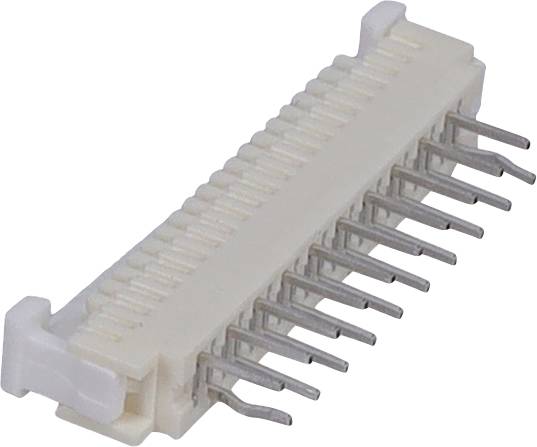 Ein weißer Kunststoff-Elektronikverbinder mit mehreren Metallstiften, die parallel angeordnet sind.