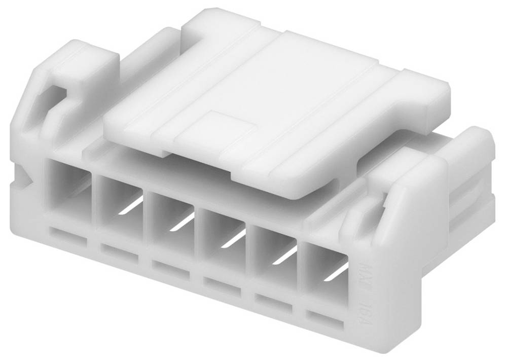 Ein weißer, rechteckiger Kunststoffstecker mit sechs Schlitzen für elektrische Stifte, mit einer Lasche zur sicheren Befestigung.