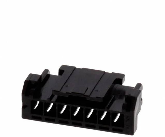 Ein schwarzer, rechteckiger elektrischer Stecker mit acht Anschlüssen, der zum Verbinden von Drähten in elektronischen Geräten verwendet wird.