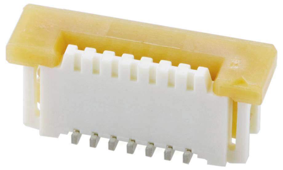 Ein elektronischer Stecker mit gelbem Kunststoffoberteil und weißer Basis ist dargestellt, bestehend aus mehreren Metallstiften für Leiterplattenverbindungen.