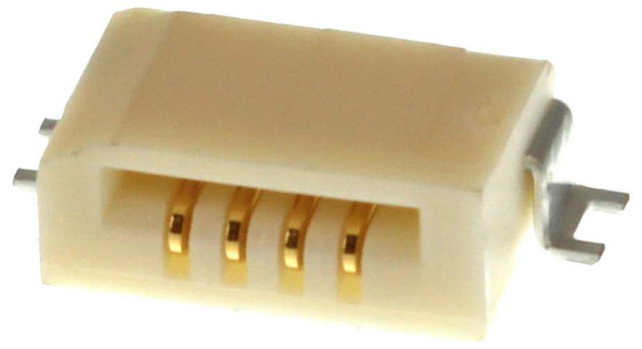 Ein kleiner, rechteckiger, beiger Elektrostecker mit vier Goldkontakten, der für sichere Verdrahtung oder Befestigung auf einer Leiterplatte ausgelegt ist.