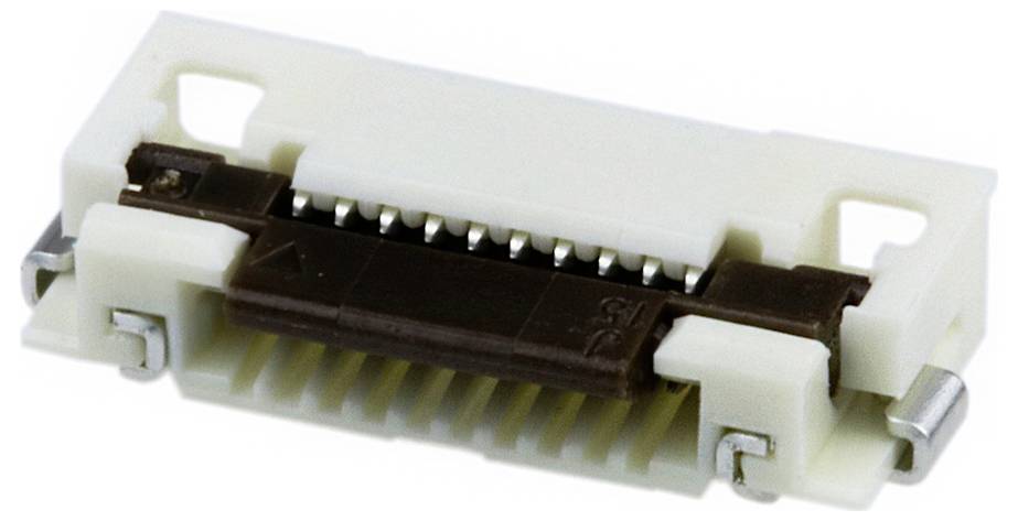 Eine Nahaufnahme eines kleinen weiß-braunen Elektrosteckers mit sichtbaren Metallkontakten, der für elektronische Schaltungsverbindungen verwendet wird.