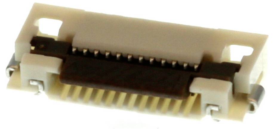Ein Nahaufnahmebild eines kleinen elektronischen Steckers mit kunststoffgehäuse und metallkontakten, die in einer reihe angeordnet sind.