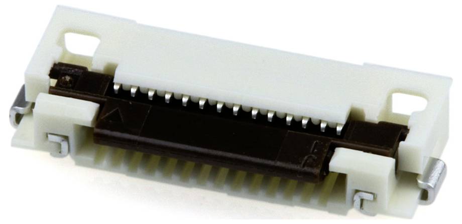 Ein weißer Elektrostecker mit mehreren Metallstiften, der zum Verbinden von Leiterplatten in elektronischen Geräten verwendet wird.