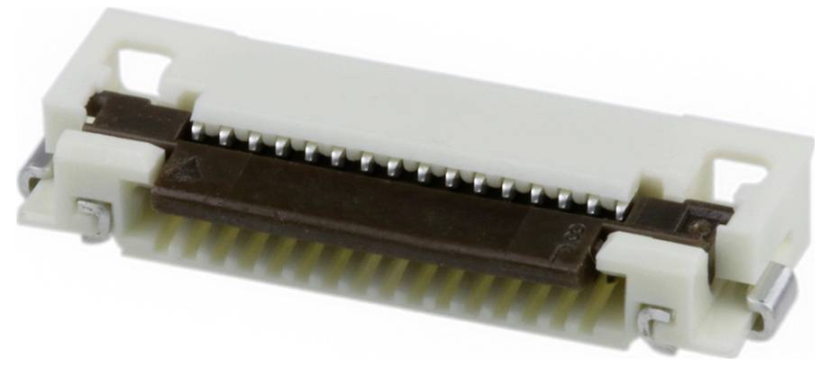 Ein weißer elektrischer Stecker mit mehreren Stiften, für Flachkabel ausgelegt, wird in elektronischen Geräten für Leiterplattenkonnektionen verwendet.