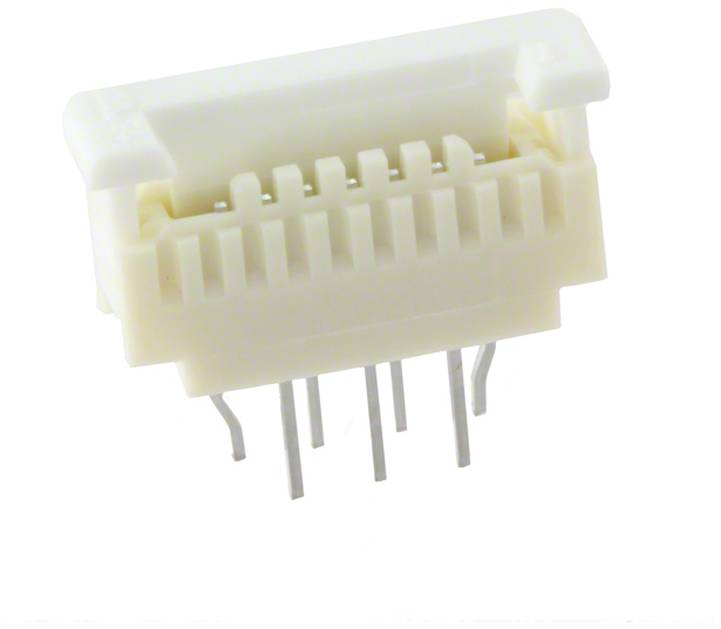 Ein weißer elektrischer Stecker mit sieben vertikal angeordneten Metallkontakten, konzipiert für die Leiterplattenmontage.