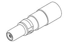 Technische Zeichnung eines zylindrischen Bauteils, möglicherweise ein Steckverbinder, mit mehreren Segmenten und einem zentralen Anschluss.