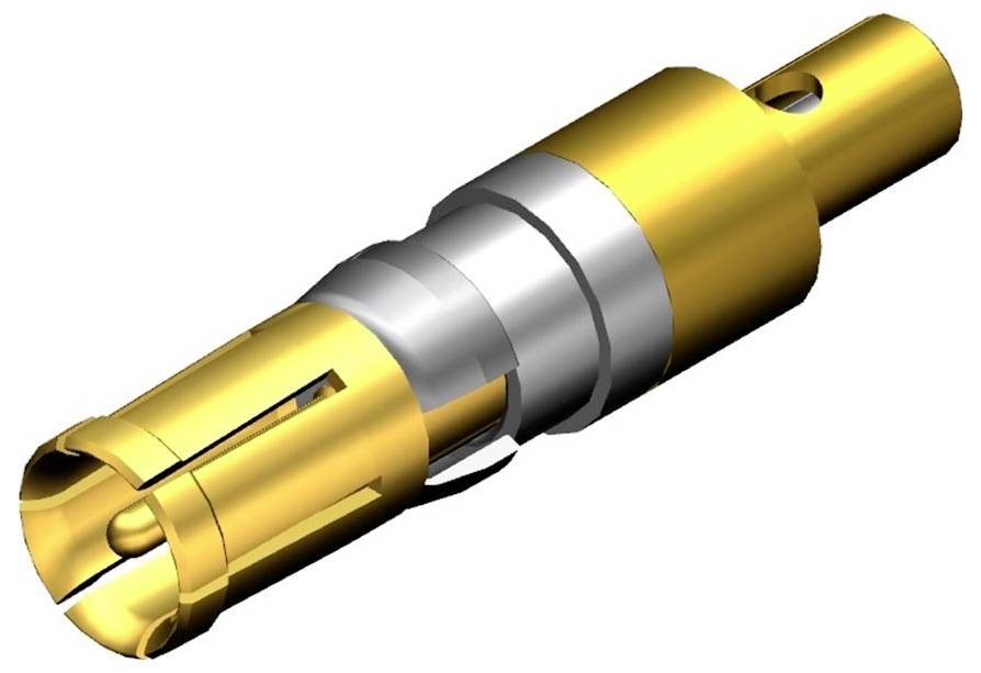 Ein metallischer Steckverbinder in zylindrischer Form mit gelbem und silbernem Gehäuse. Eignet sich zur Verbindung von Kabeln.