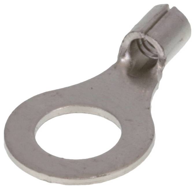 Flachsteckverbinder aus Metall, rund mit einem Loch und einem zylindrischen Hals, dient zum elektrischen Anschluss von Kabeln.