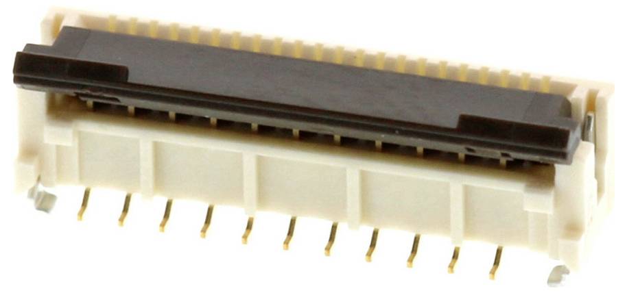 Ein weiß-schwarzer Elektrostecker mit mehreren vergoldeten Kontakten, der zur Herstellung einer Verbindung zwischen elektronischen Komponenten verwendet wird.