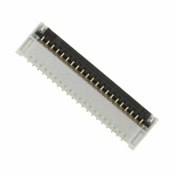Ein weißer FFC/FPC-Stecker mit mehreren kleinen goldfarbenen Stiften, der für flexible Leiterplatten in elektronischen Geräten verwendet wird.