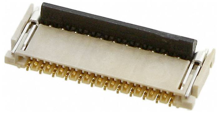 Nahaufnahme eines Flachbandkabel-Steckers mit schwarzer Verriegelungsklinke und mehreren Metallkontakten, verwendet zum Verbinden elektronischer Komponenten.