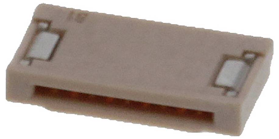 Eine kleine, rechteckige elektronische Komponente mit zwei metallischen Anschlüssen auf einer Seite, die in Leiterplatten verwendet wird.