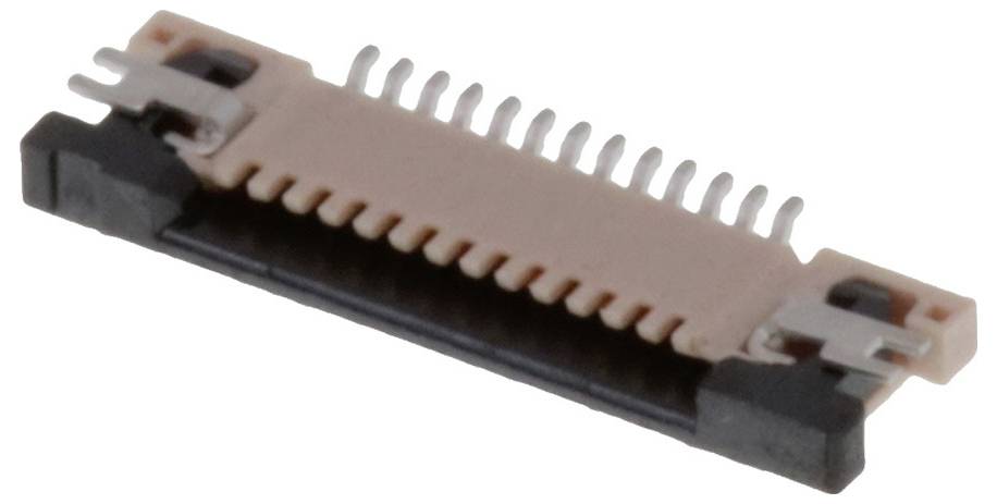 Nahaufnahmebild eines elektronischen Steckers mit mehreren Stiften, der zum Verbinden von Bauteilen auf einer Leiterplatte verwendet wird.