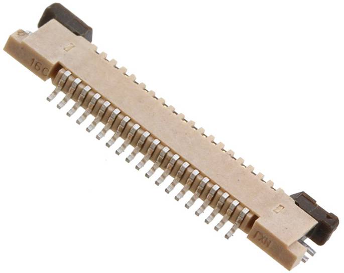Ein Nahaufnahmebild eines braunen elektronischen Steckers mit mehreren Metallstiften, die in zwei Reihen angeordnet sind und für Leiterplattenschaltungen verwendet werden.