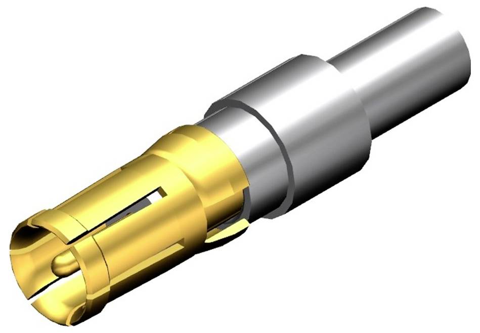 Ein Metallschaft mit einer goldfarbenen Spitze und silbernem Körper, wahrscheinlich ein elektrischer Steckkontakt für Verbindungen.