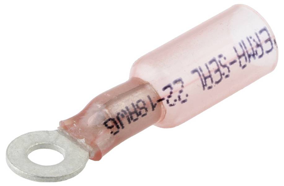 Ein rosa, isolierter Ringklemmen-Stecker, gekennzeichnet mit „E