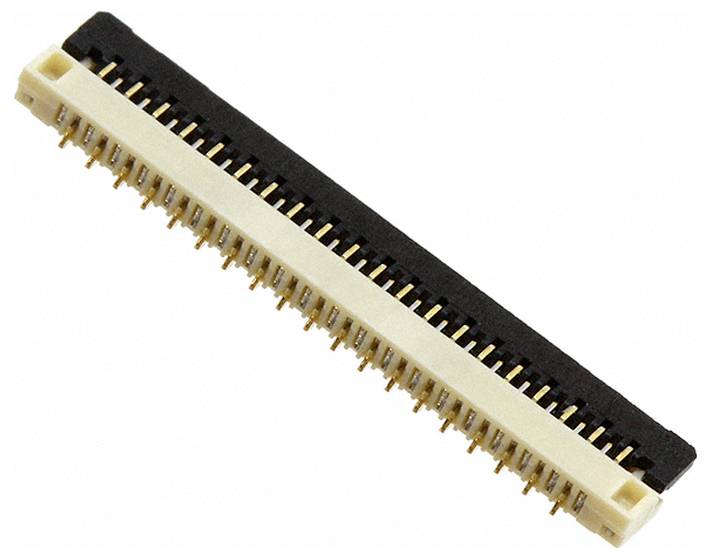 Ein 40-poliger FPC-Stecker, schwarz und beige, zur Verbindung flexibler Schaltungen, mit vergoldeten Kontakten auf einer rechteckigen Basis.