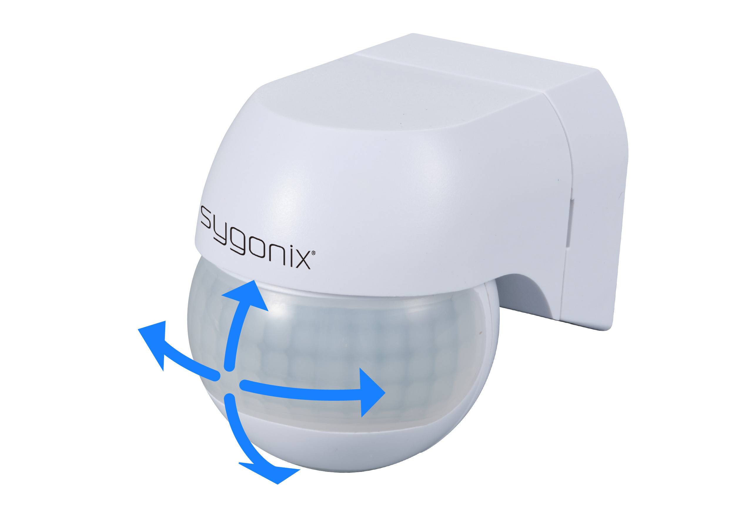 Bewegungsmelder von sygonix, zeigt Pfeile in vier Richtungen an, die die Erfassungsbereiche darstellen.