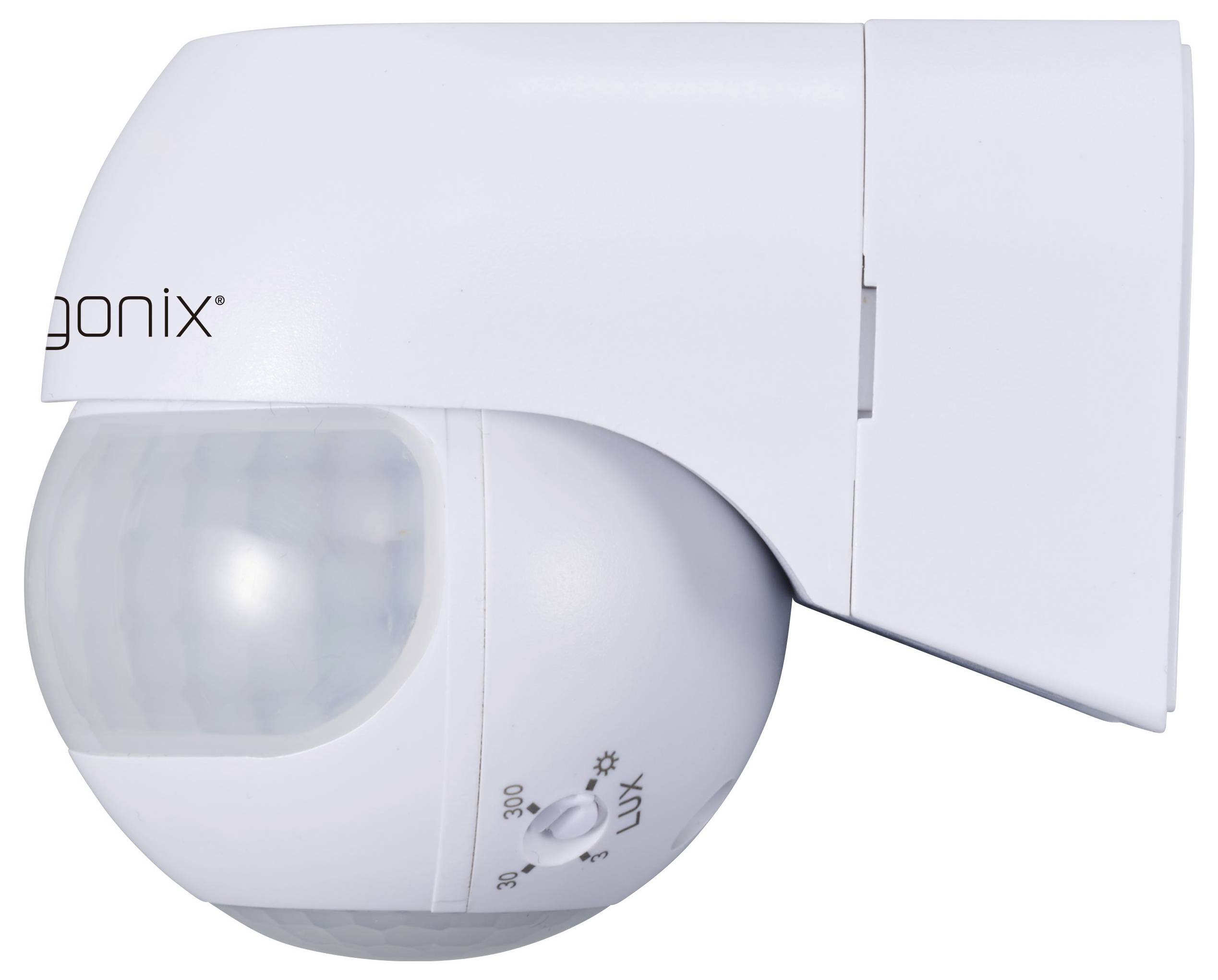 Ein weißer Bewegungsmelder mit kugelförmigem Sensor an einer Wandmontagehalterung.