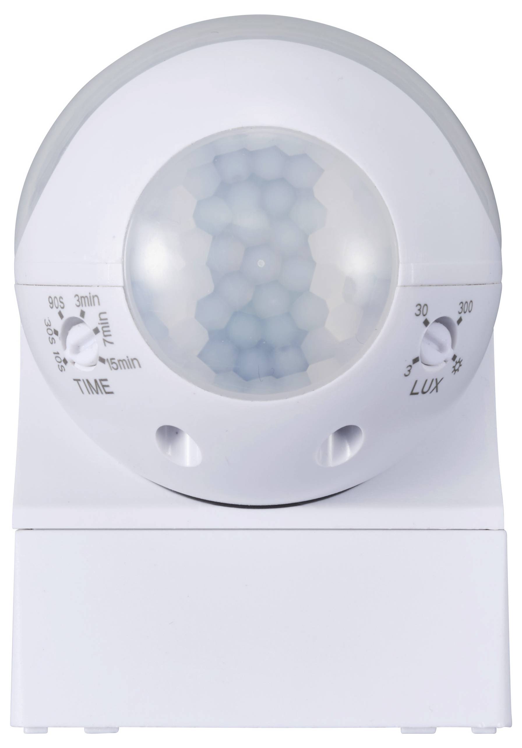 Ein weißer Bewegungssensor mit verstellbaren Einstellungen für Zeit und Lichtempfindlichkeit, erkennbar durch zwei Drehregler vorne.