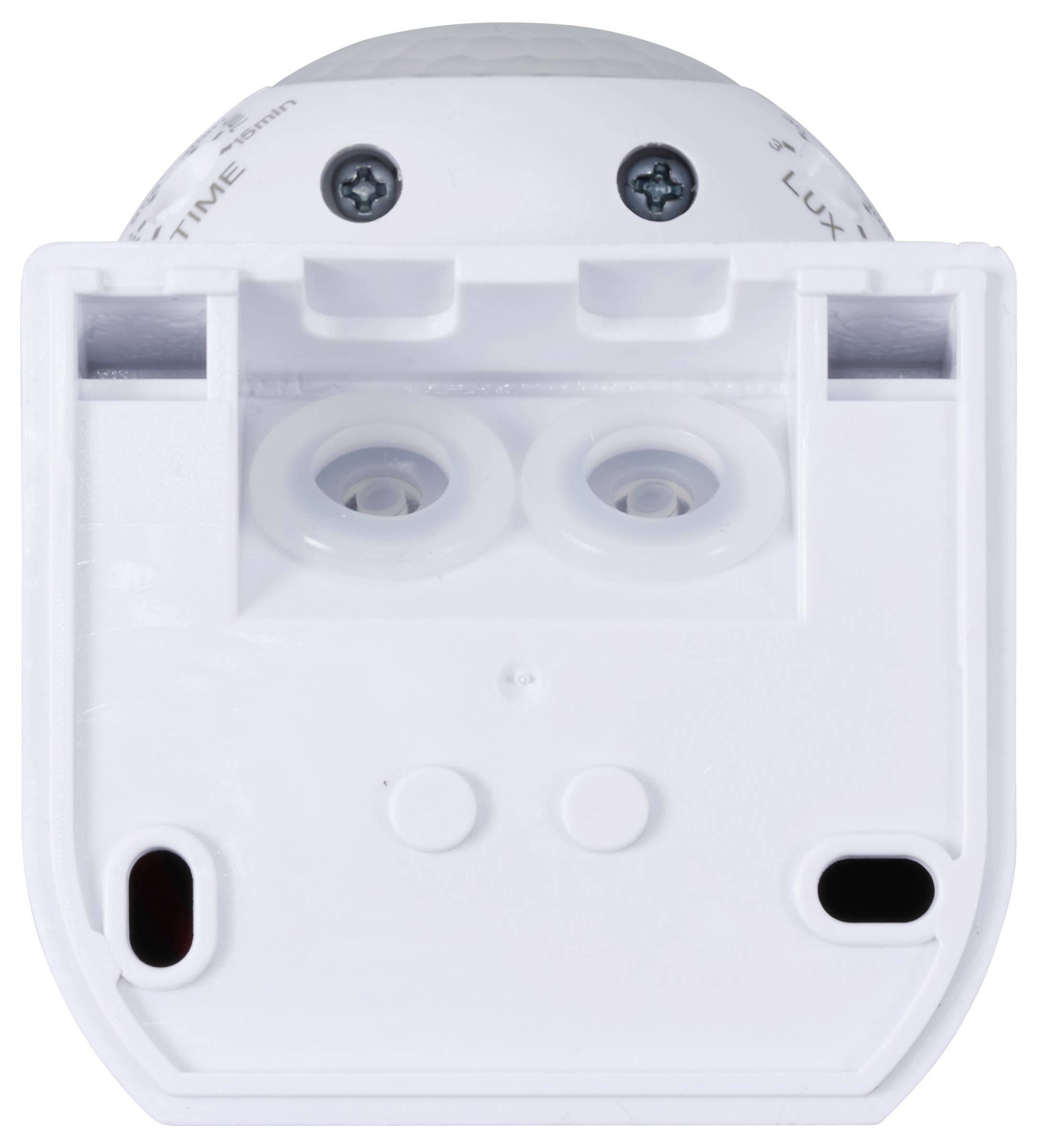 Ein weißer Bewegungssensor mit zwei Linsen, geeignet für die Erfassung von Bewegungen in einem Raum. Oben sind zwei Schrauben sichtbar.