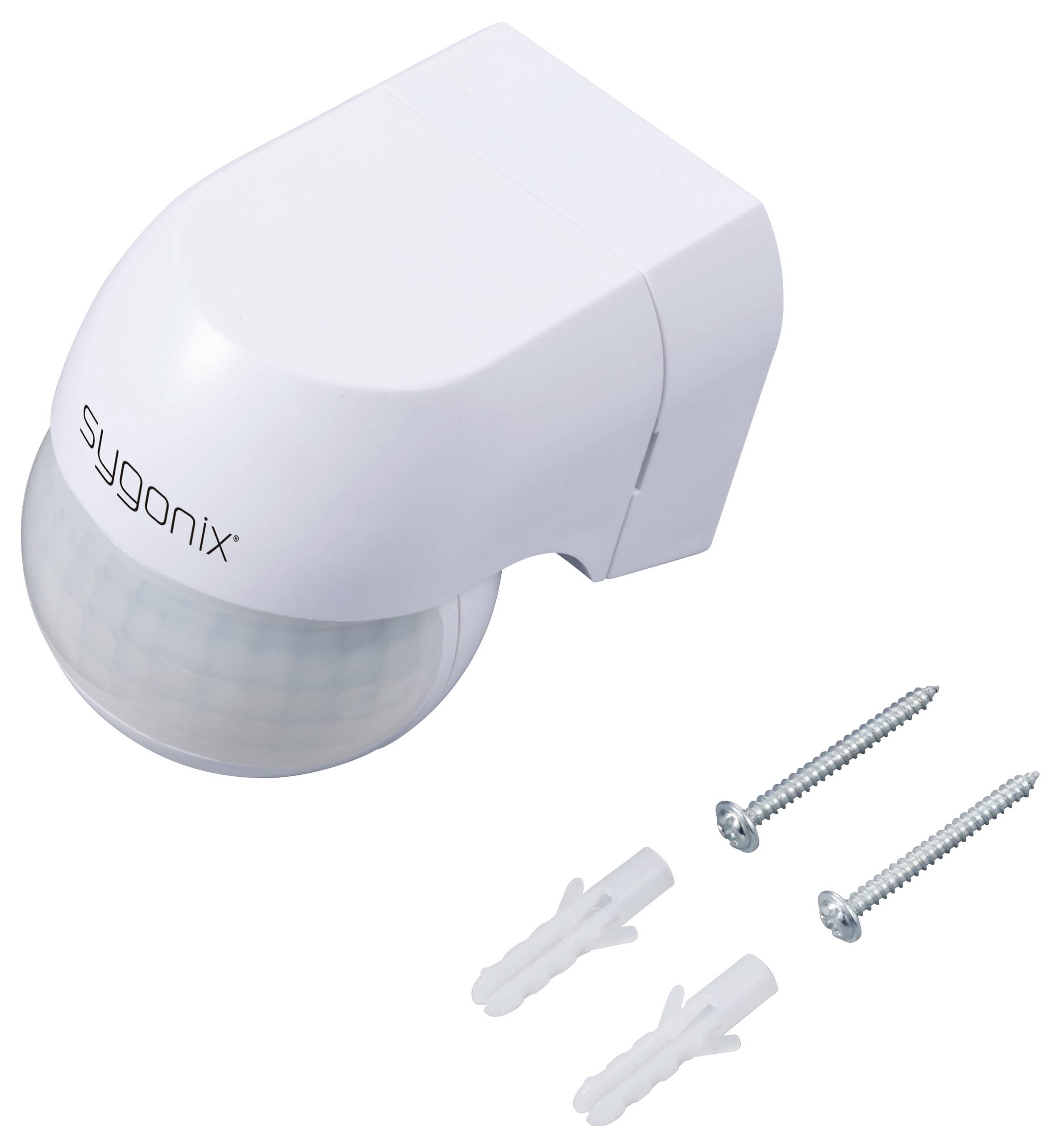 Ein weißer Bewegungsmelder mit der Aufschrift 'sygonix', zwei Schrauben und Dübel daneben. Ideal zur Wandmontage für Bewegungserkennung.