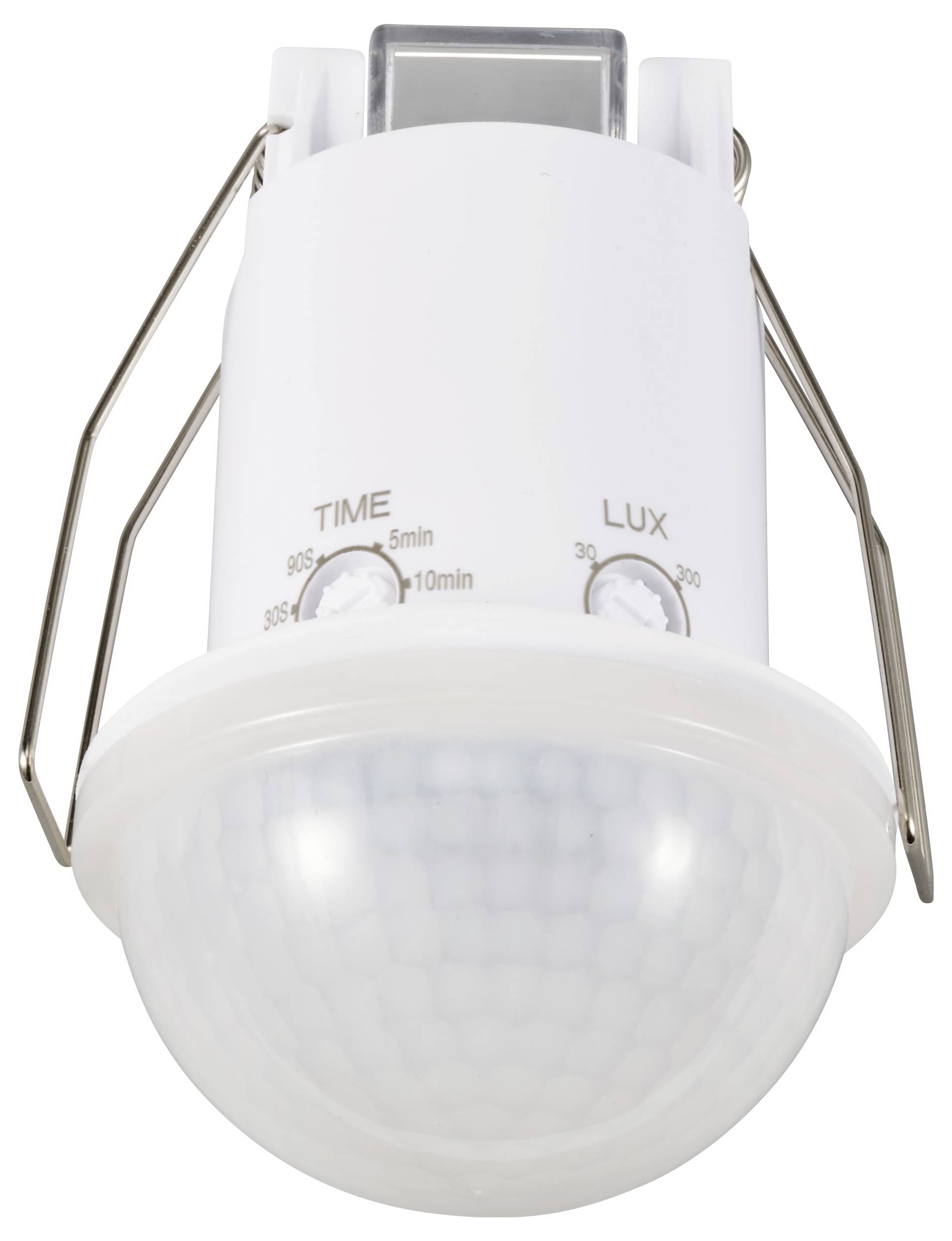 Bewegungsmelder in weißem Gehäuse mit zwei Einstellrädern für 'TIME' und 'LUX' oben auf dem Gerät.